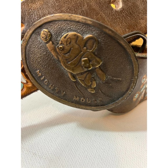 Floral Vintage Painted Leather Belt with Mighty Mouse Belt Buckle M/L - Picture 5 of 7